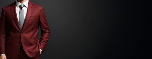 Businessman in burgundy suit and gray tie standing against dark background with copy space for professional business design or promotion concept.