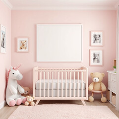 Blank Canvas Mockup for Nursery Room Design Charming Kids Room Artwork Display Mockup Ideal for Portrait Orientation with Soft Pastel Walls Featuring Adorable Plush Toys Whimsical Childrens Decor Styl
