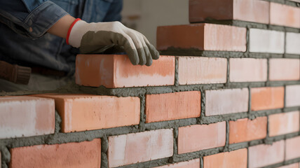 Construction worker's gloved hand placing a brick to build a wall with mortar, close-up view