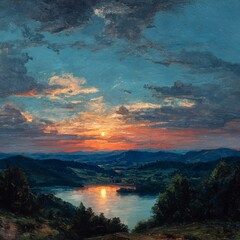 Sunrise over a tranquil mountain lake, with vibrant clouds reflecting the dawn sky and surrounding nature