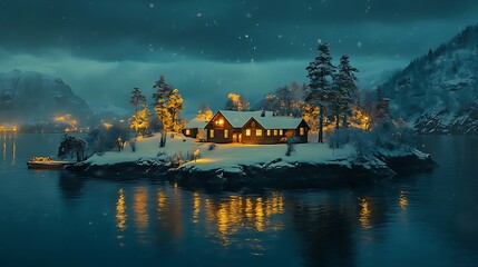 Twilight enveloping a snowy island with golden