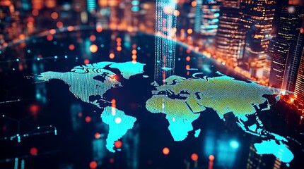 Digital world map overlaying a futuristic cityscape with glowing skyscrapers and data visualization - Powered by Adobe