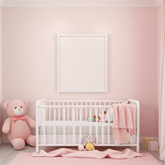 blank canvas mockup for children's room pastel wall frame display with plush toys whimsical decor portrait orientation nursery art inspiration 3D render lightweight design playful atmosphere