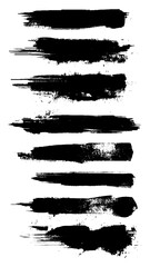 Brush strokes. Vector paintbrush set. Grunge design elements. Rectangle text boxes. Thin dirty distress texture banners. Ink splatters. Grungy painted banners. 