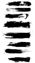 A high-quality collection of black grunge brush strokes with rough and expressive ink textures. 