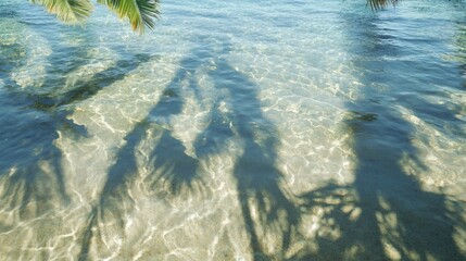 Palm tree shadows on a shallow, clear turquoise water.