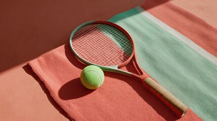 tennis ball and racket arranged neatly on towel near baseline warm indoor lighting with soft directional shadows rich coral