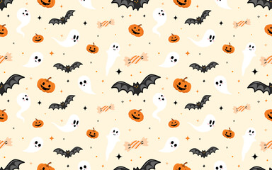 Halloween pattern features a flat style with various iconic elements.Seamless background perfect for use in textiles, wallpapers, and festive decorations.