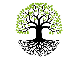 Trees and root with green leaves look beautiful and refreshing. Tree and roots LOGO style.