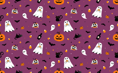 Halloween pattern features a flat style with various iconic elements.Seamless background perfect for use in textiles, wallpapers, and festive decorations.