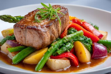 Grilled tuna steak resting on a bed of roasted vegetables and gravy