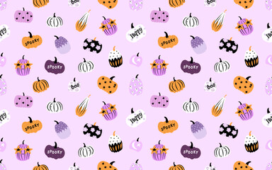 Halloween pattern features a flat style with various iconic elements.Seamless background perfect for use in textiles, wallpapers, and festive decorations.