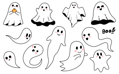 Cute Ghosts Halloween Cartoon Stickers Symbol Collection. Vector Illustration.