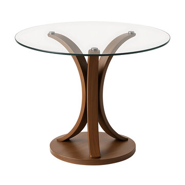 Round glass top table with wooden pedestal base isolated on transparent background