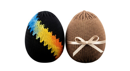 Two decorative easter eggs one colorful and one with a ribbon