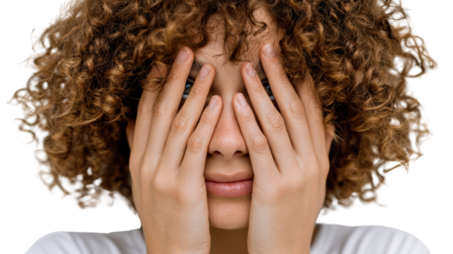 Close-up of a person with curly hair covering their face with hands, expressing emotions like fear or anxiety.