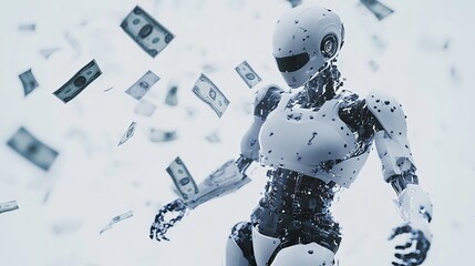 A humanoid robot with exposed mechanics standing amidst falling dollar bills on a white background