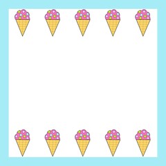 Colorful ice cream cone frame on a blue and white background
