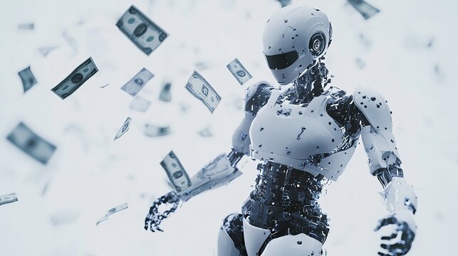A humanoid robot with exposed mechanics standing amidst falling dollar bills on a white background