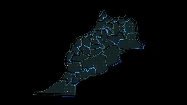 Animated map of Morocco highlighting the regions of the country with glowing blue lines