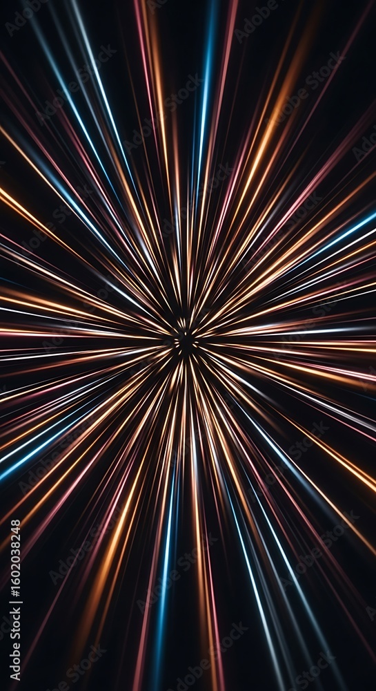Poster dynamic burst of vibrant light trails creating a mesmerizing radial pattern blur effect
