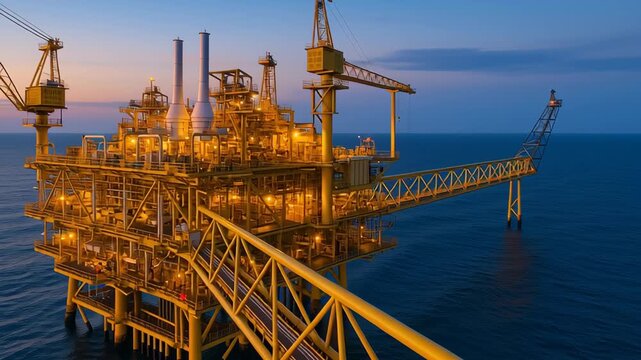 Oil logistics network. Offshore oil platform and rig illuminated dusk with cranes and walkways over calm sea and ocean creating peaceful industrial scene