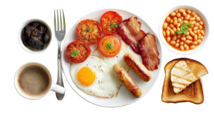 Delicious full English breakfast with eggs, bacon, sausages, tomatoes, baked beans, coffee, and toast.