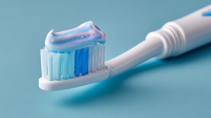 close-up of a blue toothbrush with toothpaste on a blue background