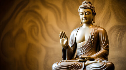 Serene golden Buddha statue seated in meditation with one hand raised in blessing and the other holding a small orb.