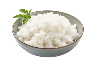 Steamed jasmine rice in ceramic bowl with parsley garnish isolated on white background