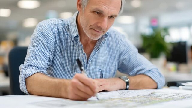 Focused Architect in Action: An experienced architect meticulously plans his next architectural endeavor in a detailed project.