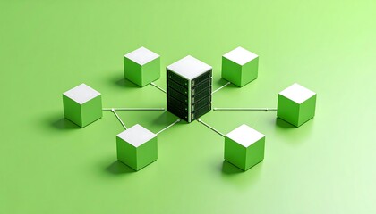 Networked server rack on a green background