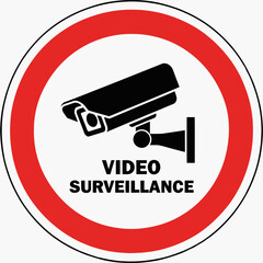 Icon Vector SVG Illustration of Surveillance Camera with Video Surveillance Text in Modern Flat Style with Red Black White Colors