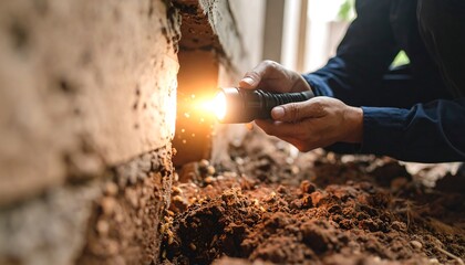 Worker inspecting a wall opening
