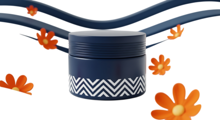 Modern dark blue container with zigzag pattern and floral accents