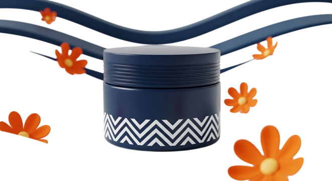 Modern dark blue container with zigzag pattern and floral accents