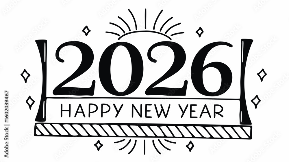 Poster a hand drawn new year 2026 design with decorative elements and happy new year text in black and whit