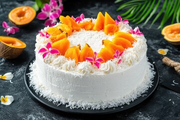 A round cake frosted with white cream and shredded coconut, adorned with orange fruit slices and pink flowers, sits on a dark surface amidst tropical foliage and fruit halves