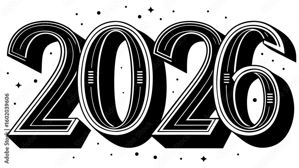 Poster illustration of the year two thousand and twenty six in a bold font with decorative lines and small 