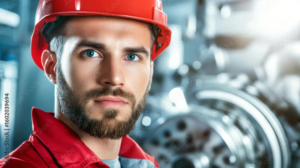Poster portrait of an engineer or worker in a factory with hard hat.