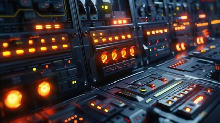 Close-up of a complex control panel with illuminated buttons and dials, suggesting advanced technology or a futuristic setting.