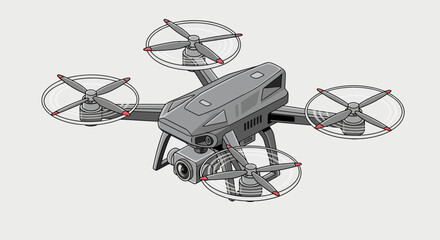 Vector Modern SVG Icon of a Quadrotor Drone with Propellers in Flat Design Style with Gray and Red Colors