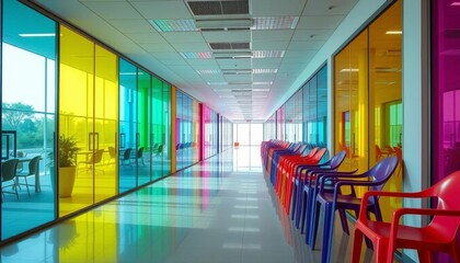 Bright corridor with colorful glass partitions & vibrant plastic chairs,  plastic,  office corridor