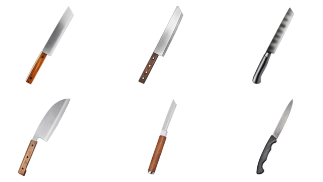 Assorted kitchen knives and cleavers isolated on a transparent background stainless steel