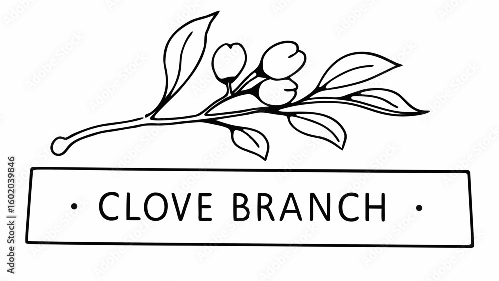 Poster illustration of a clove branch with leaves and buds above a rectangular nameplate saying clove branc