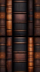 Naklejka premium A collection of vintage leather-bound books on a shelf.