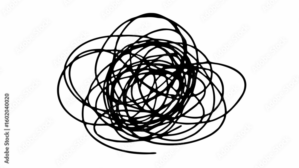 Poster a chaotic mess of overlapping black lines forming a tangled abstract shape on a white background cre