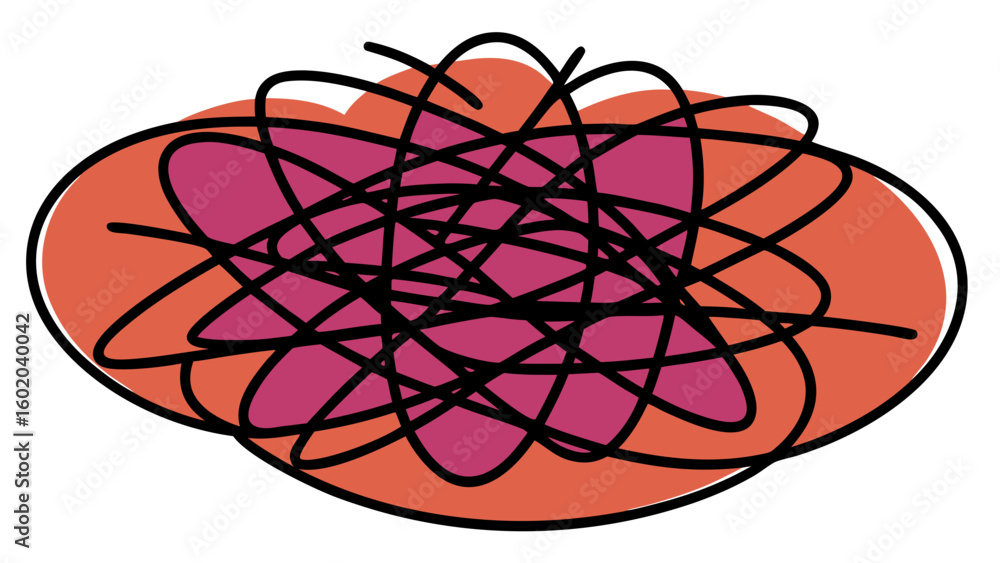 Poster abstract illustration with overlapping ovals and tangled black lines creating a chaotic design creat