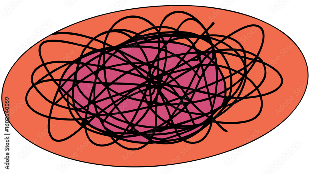 Poster a complex arrangement of black lines within two nested ellipses of pink and orange colors created wi