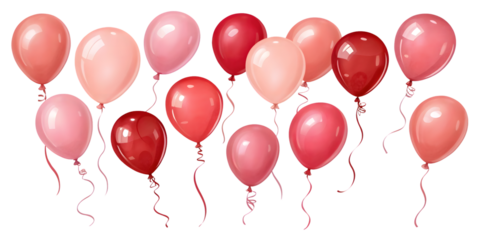 A collection of red and pink balloons isolated on transparent background